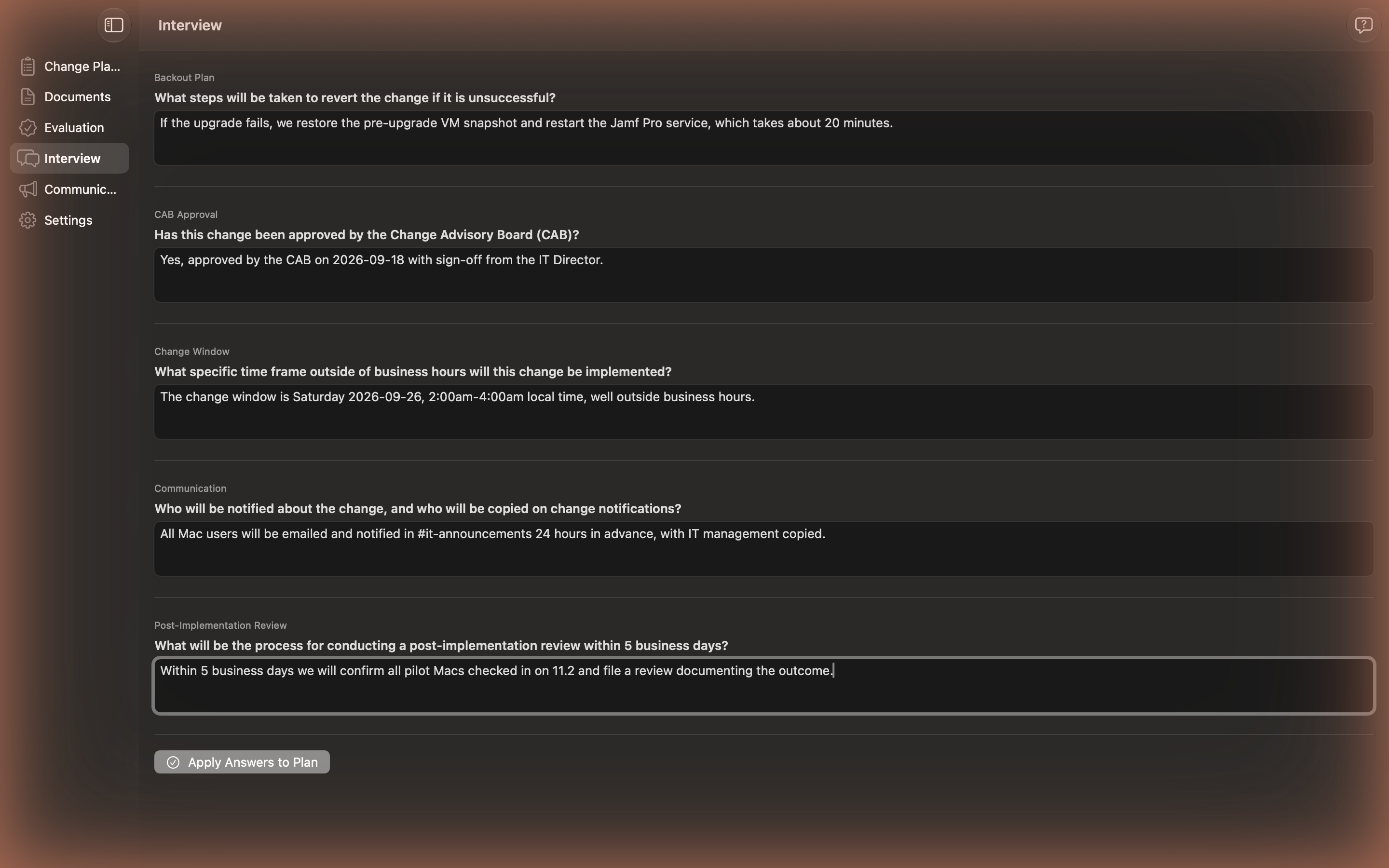 Changy Interview screen with all five generated follow-up questions answered