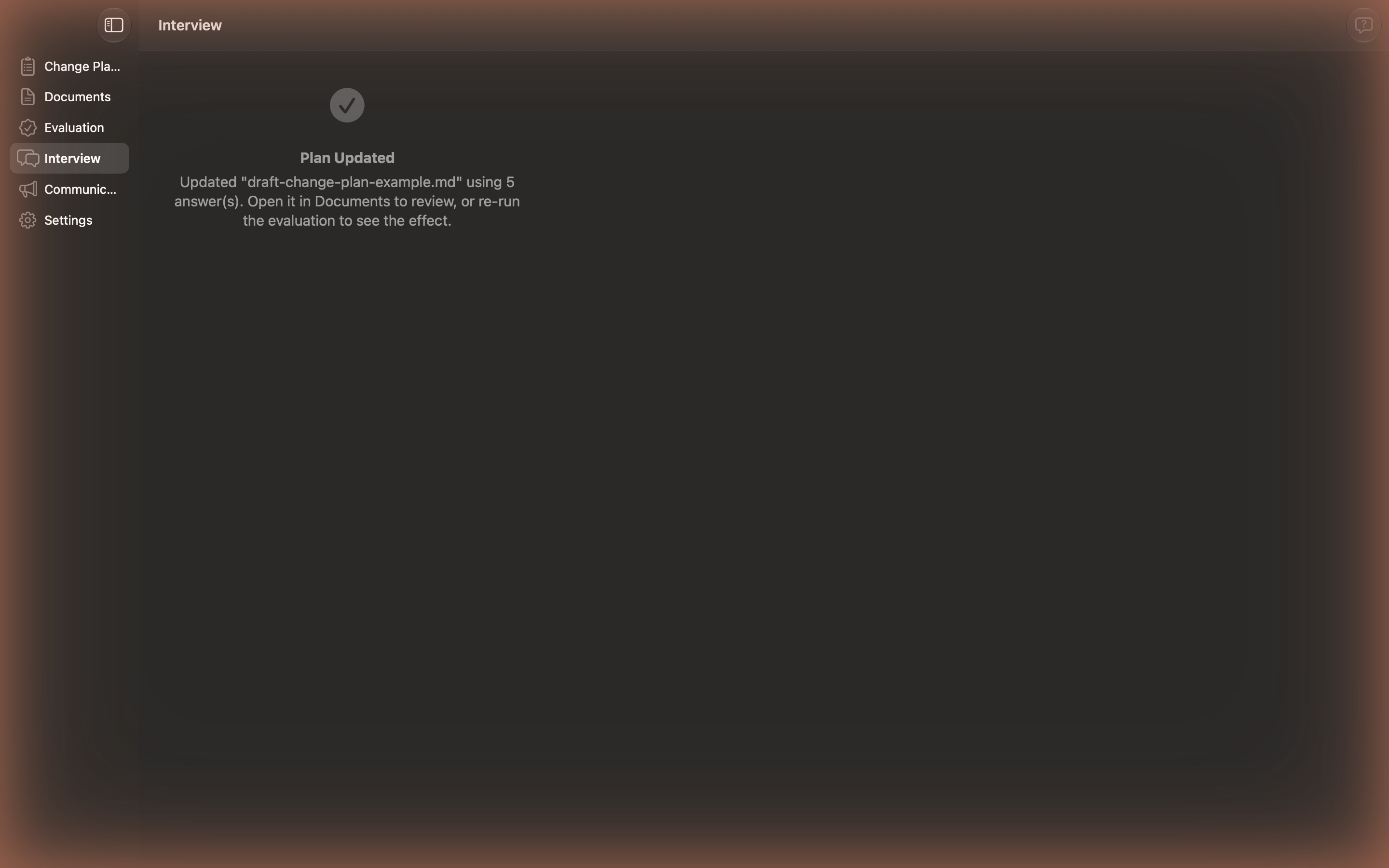 Changy confirmation screen shown after applying interview answers to the draft plan