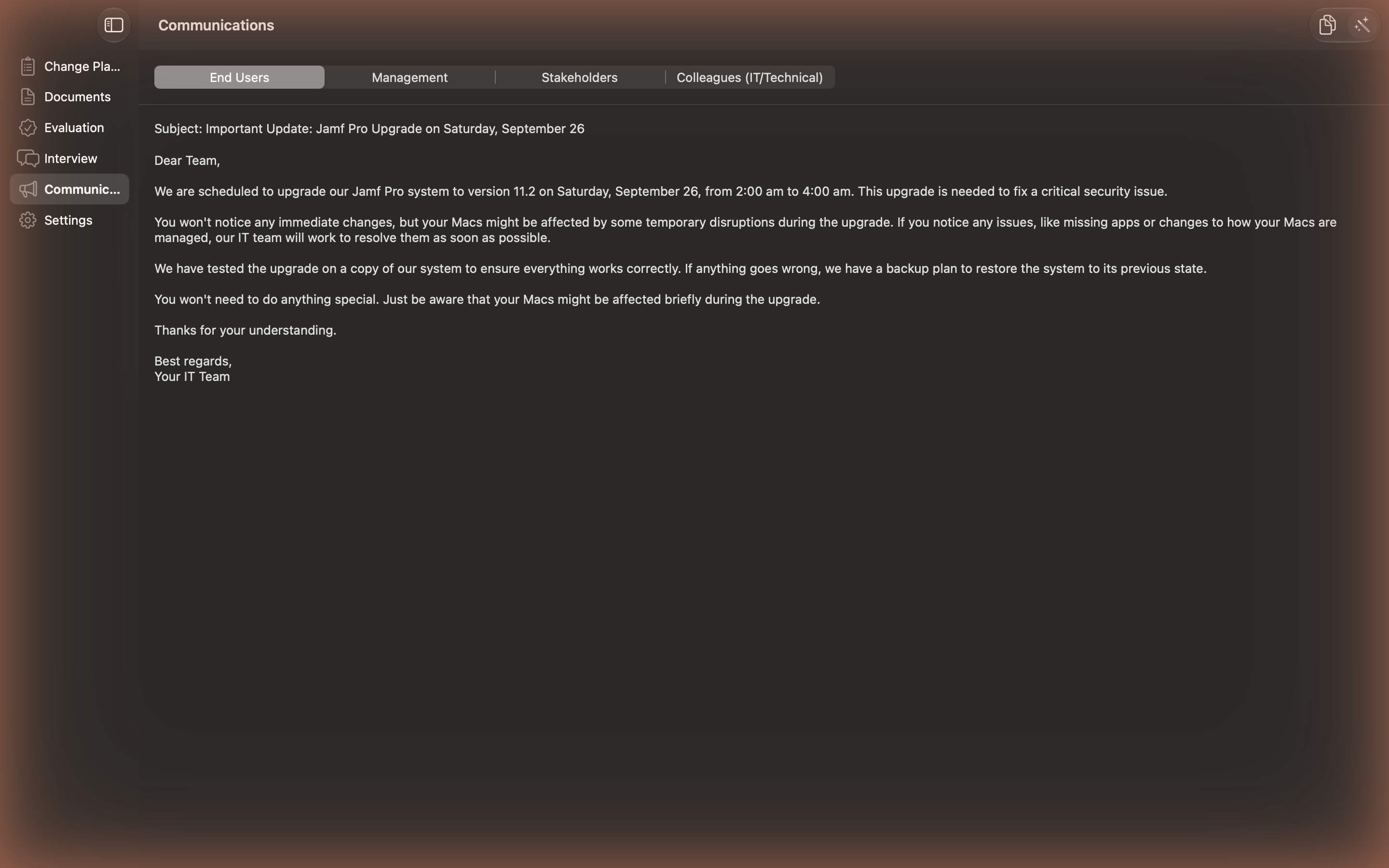 Changy-generated End Users communication about a Jamf Pro upgrade