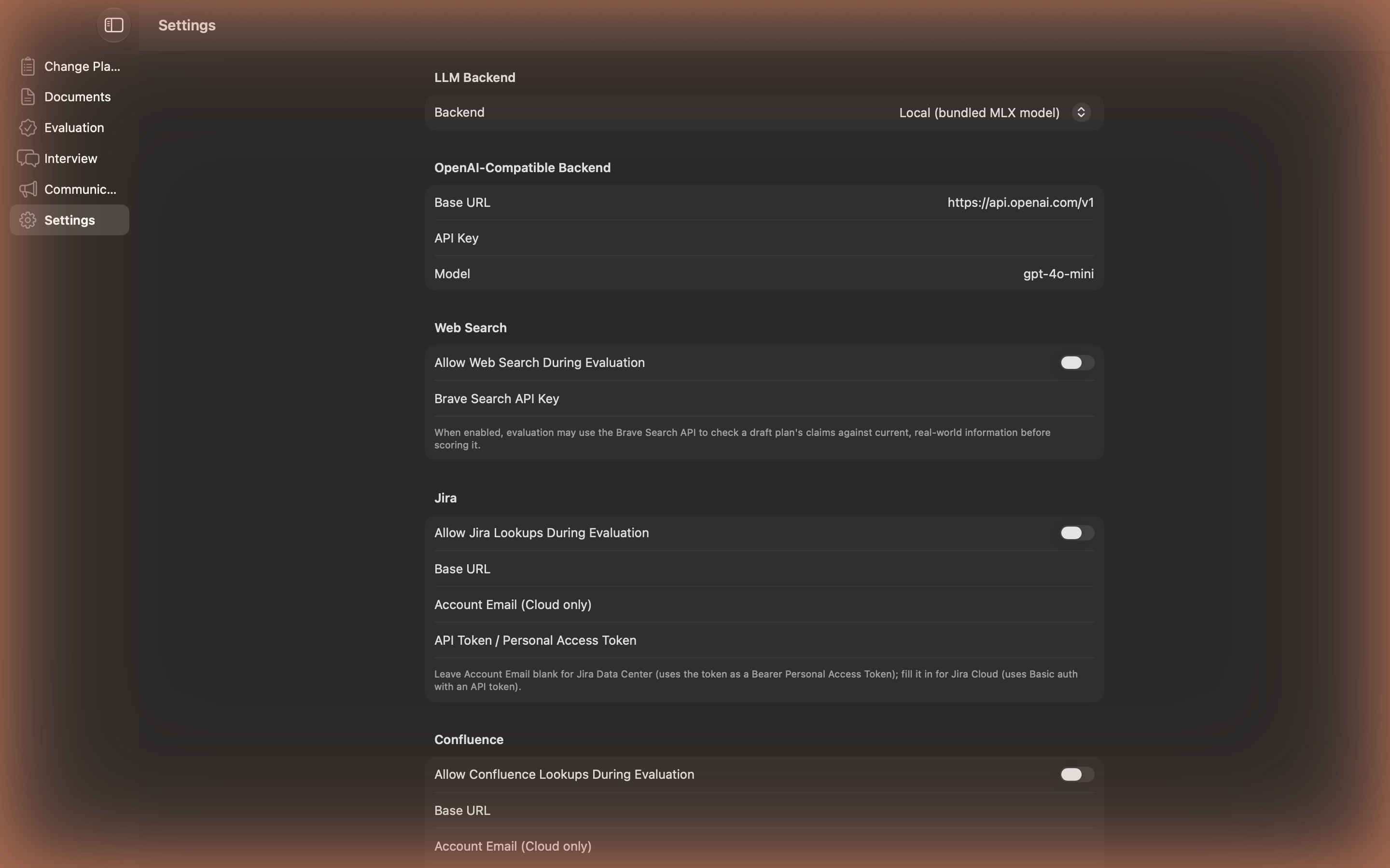 Changy Settings screen showing LLM Backend, OpenAI-Compatible Backend, and Web Search options