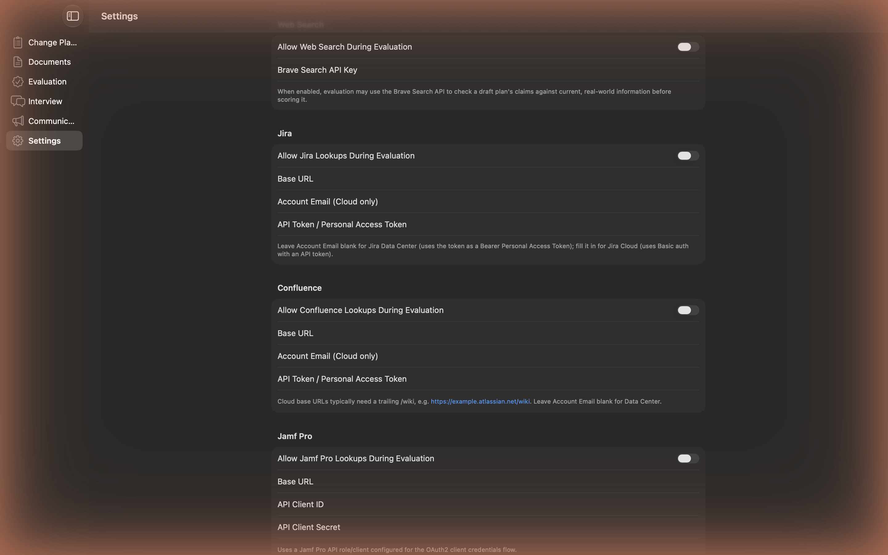 Changy Settings screen showing Jira, Confluence, and Jamf Pro integrations, all off by default