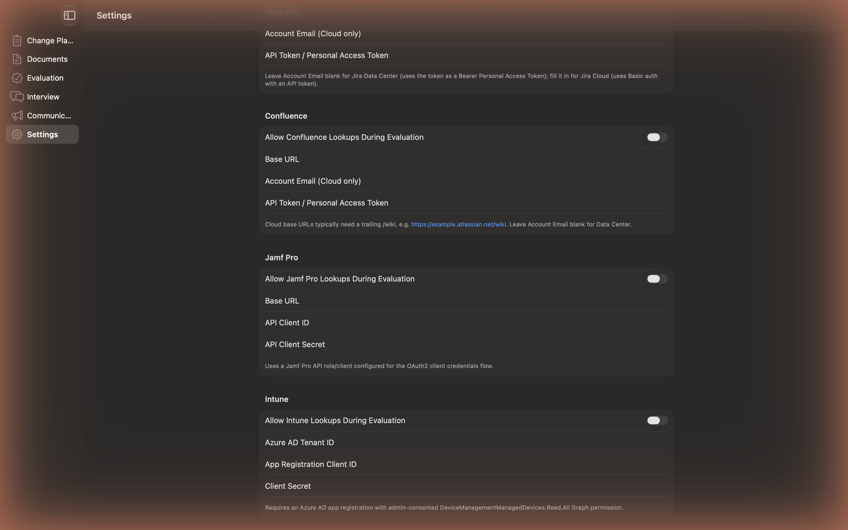 Changy Settings screen showing full Jamf Pro and Microsoft Intune configuration fields