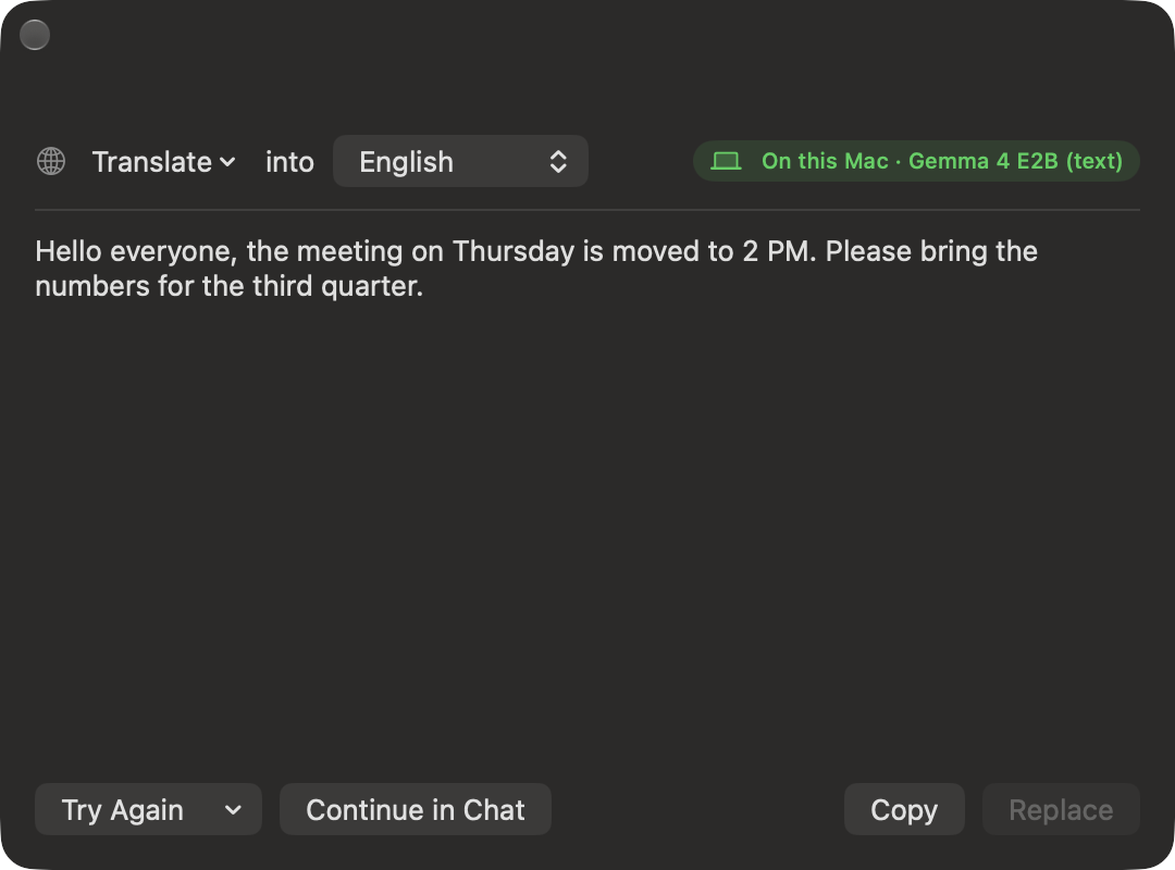 entAI Translate action previewing a translated message with a Replace button