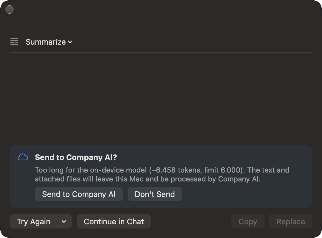 entAI consent dialog asking Send to Company AI, explaining the text is too long for the on-device model