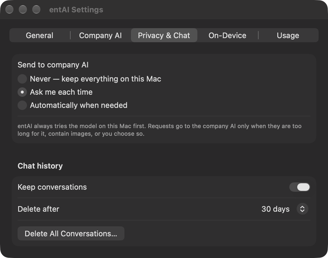 entAI Settings, Privacy and Chat tab, showing the Send to company AI radio buttons and Chat history controls