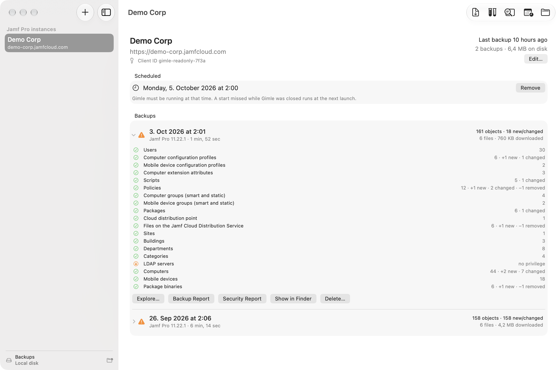 Gimle instance view for Demo Corp: scheduled backup, two backups and the sections of the newest one with counts of new and changed objects