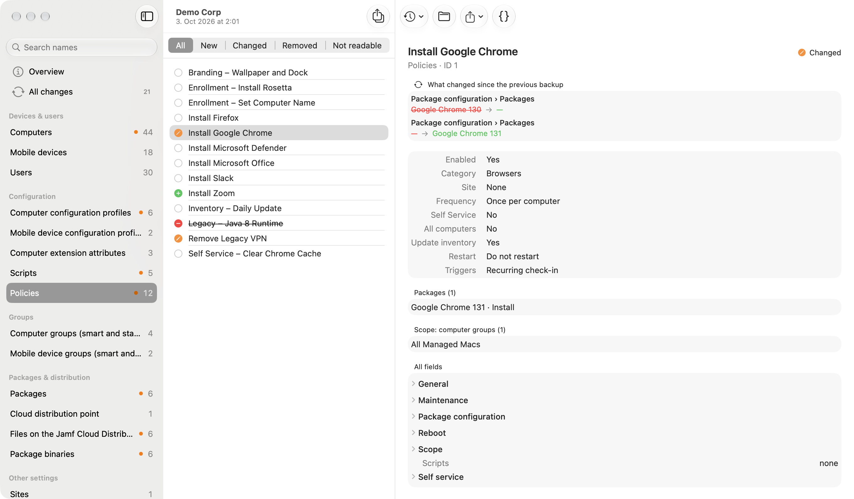 Gimle explorer showing a policy with its triggers, frequency, packages and scope