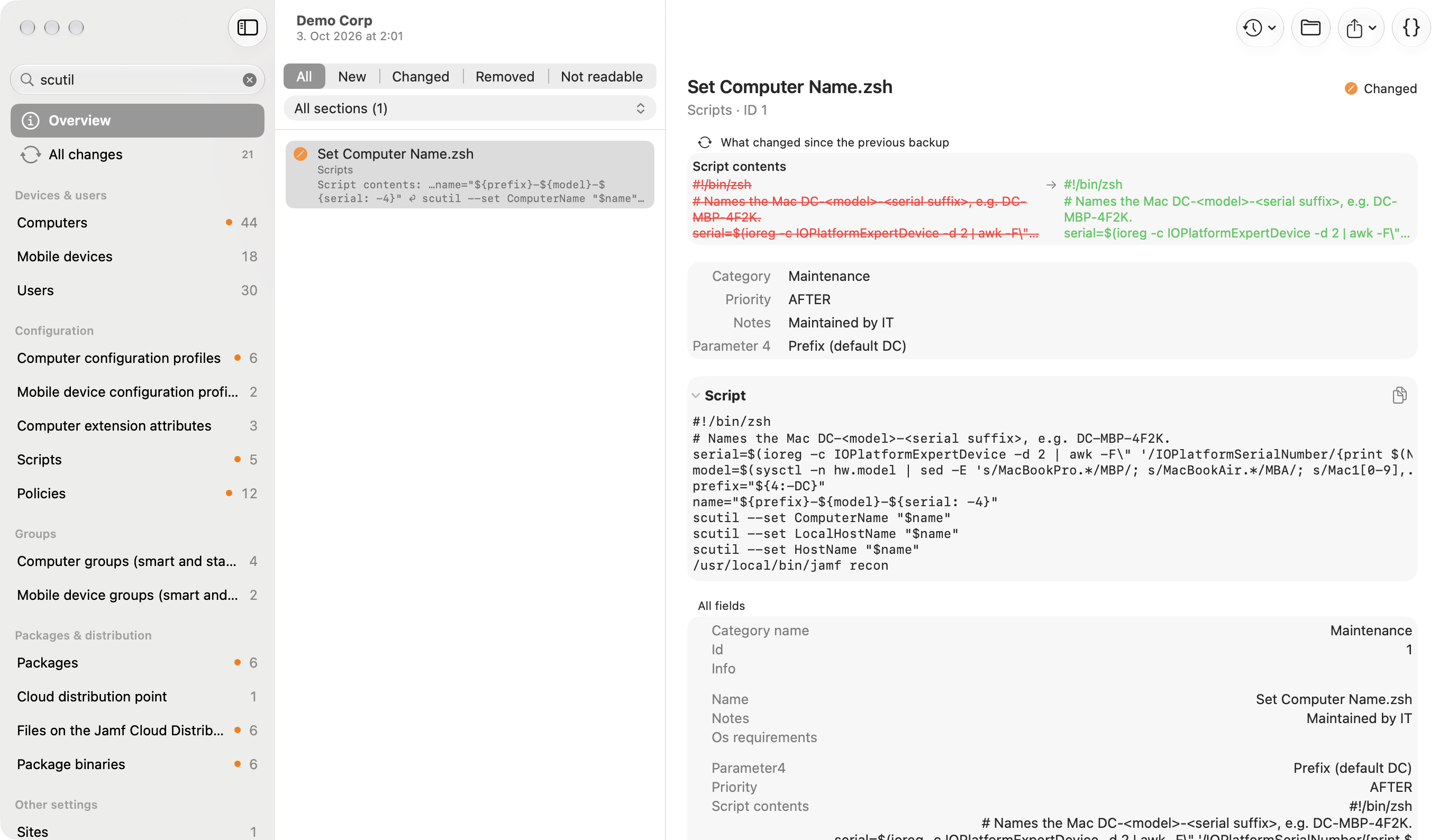 Gimle explorer searching the contents of all objects for scutil, with the matching script shown and its change since the previous backup