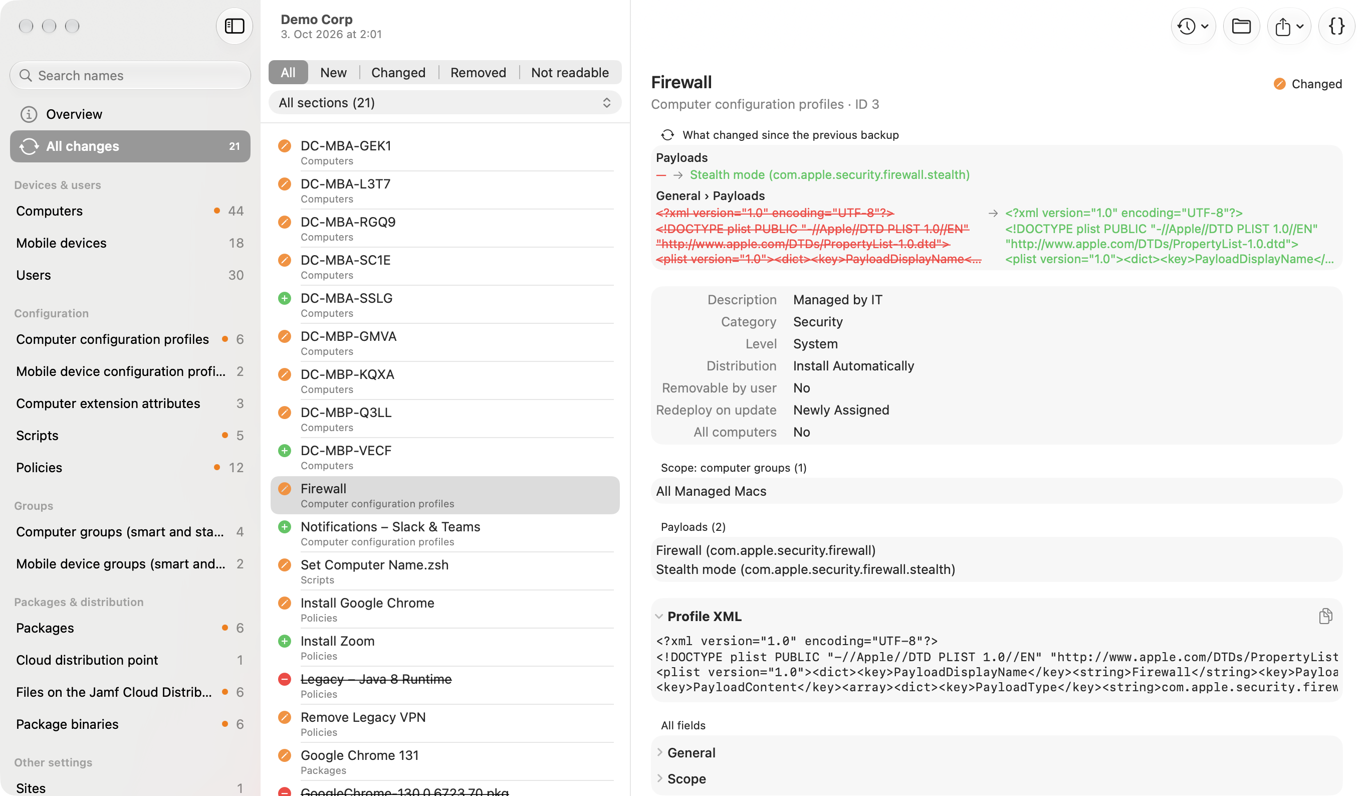 Gimle explorer listing all changes between two backups
