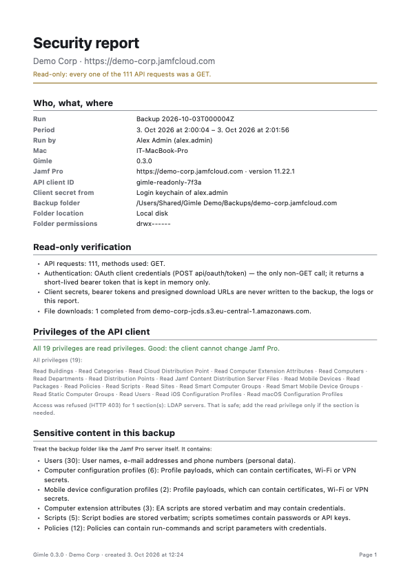 Gimle PDF security report showing that every request was a GET and the API client's privileges