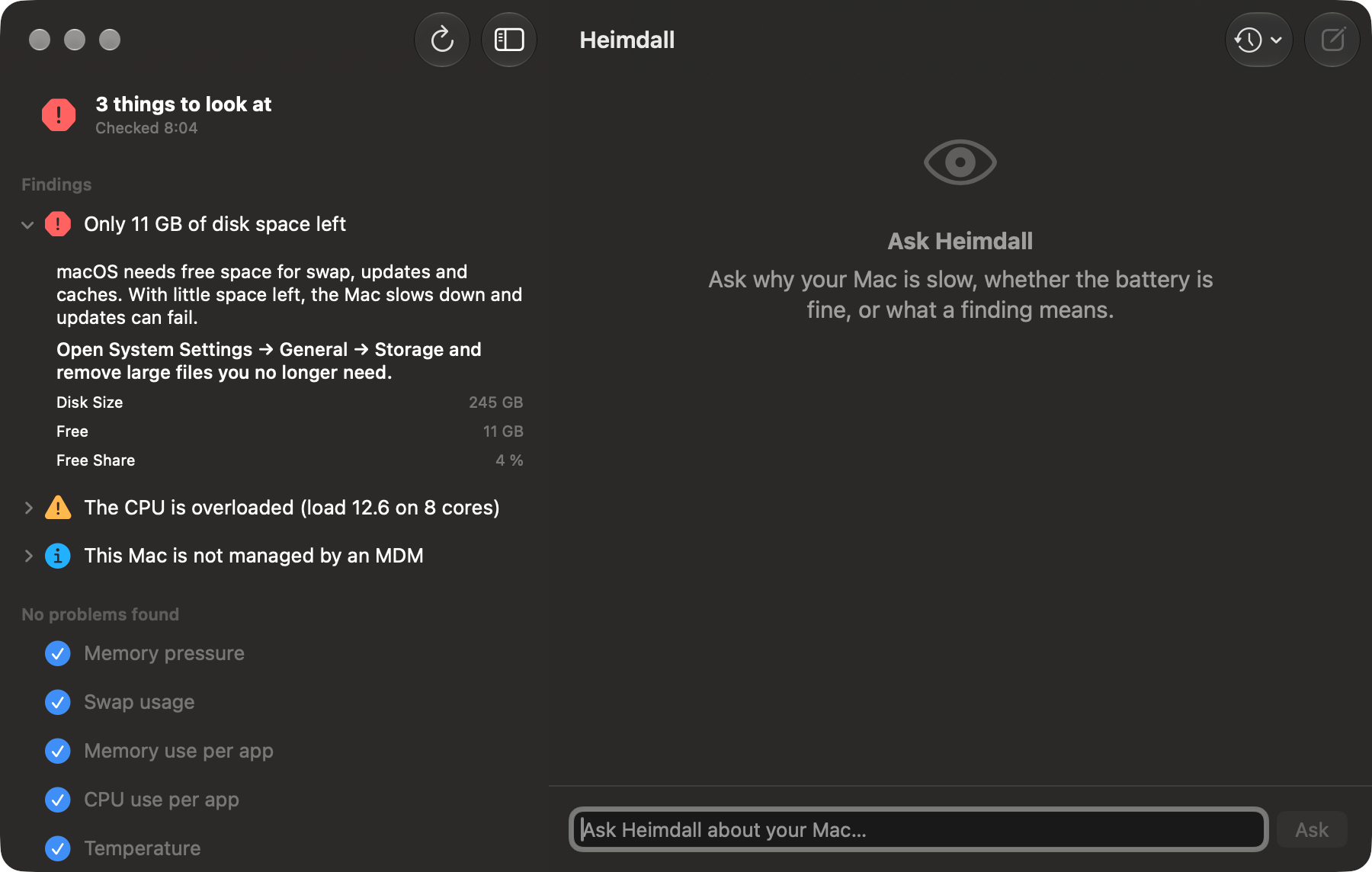 Heimdall finding expanded: only 11 GB of disk space left, with an explanation, a recommendation to open Storage settings, and disk size, free space and free share values
