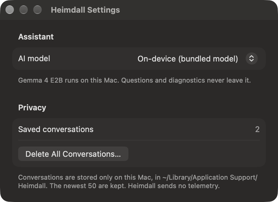 Heimdall Settings: AI model set to on-device bundled model, and a privacy section with saved conversations count and Delete All Conversations