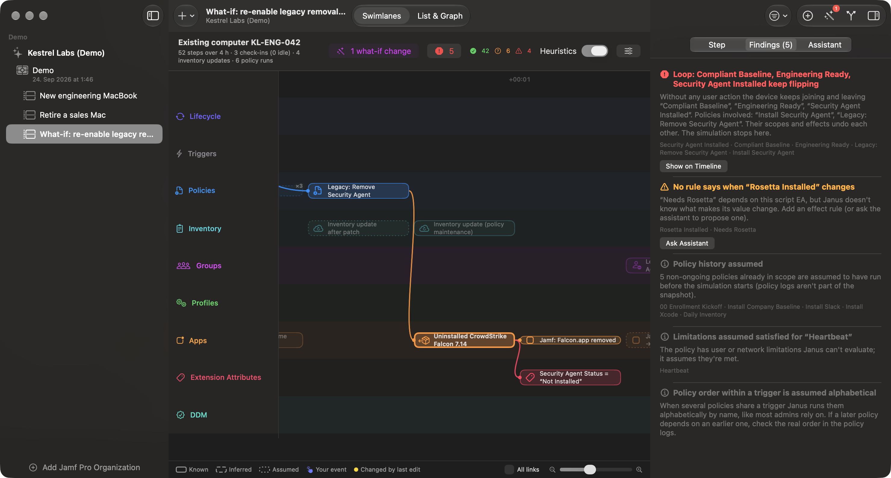 Janus what-if scenario: re-enabling a legacy removal policy uninstalls the security agent, and the findings panel reports a loop between Compliant Baseline, Engineering Ready and Security Agent Installed