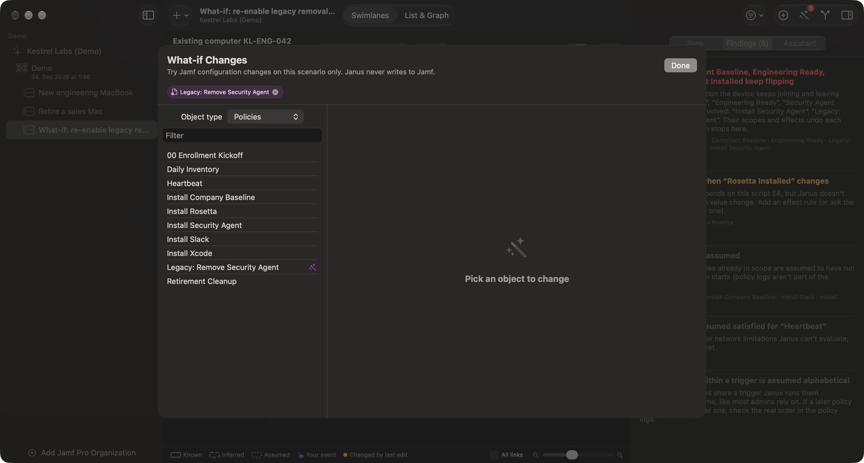 Janus What-if Changes sheet with a legacy removal policy selected under Policies