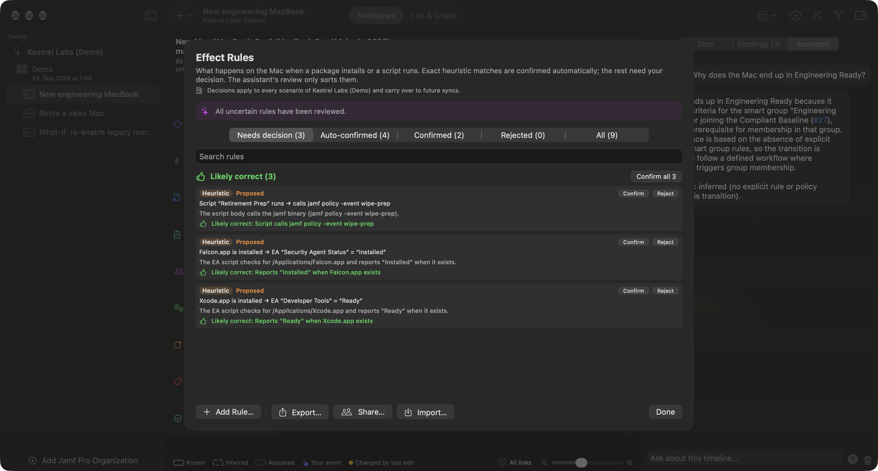 Janus Effect Rules sheet with Needs decision, Auto-confirmed, Confirmed, Rejected and All tabs, and three heuristic rules marked likely correct