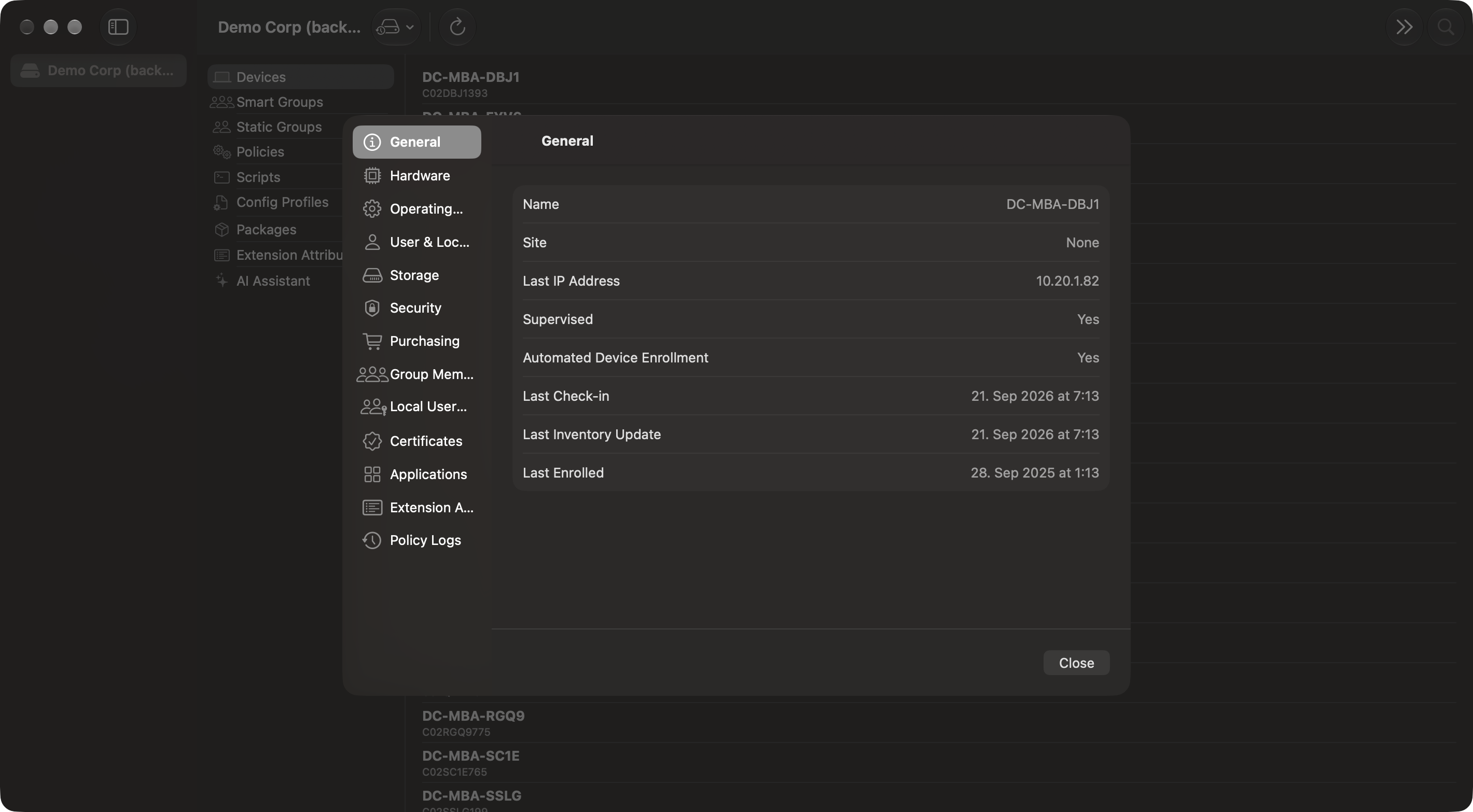 Jarl device detail sheet showing general information for a Mac