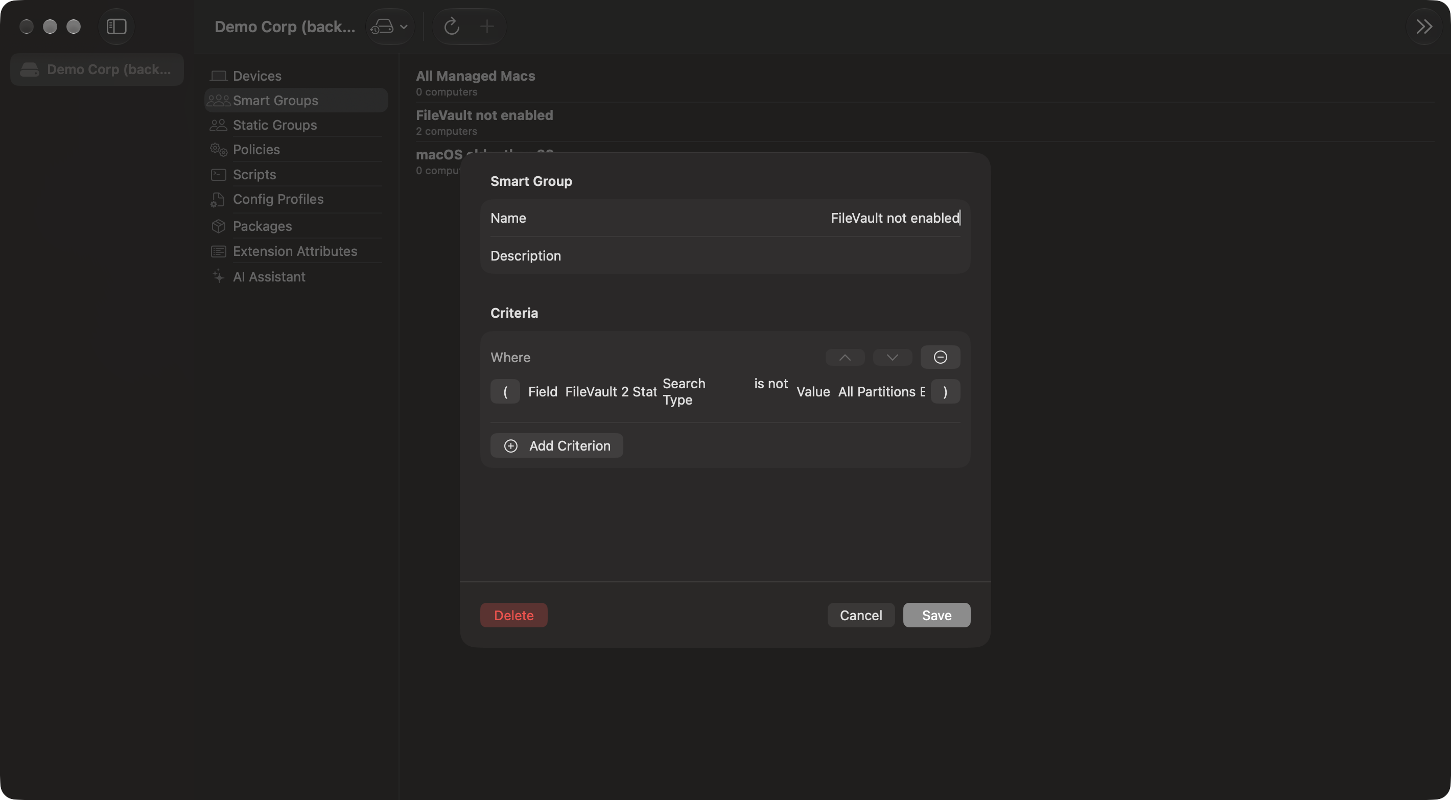 Jarl Smart Group editor with a criteria row