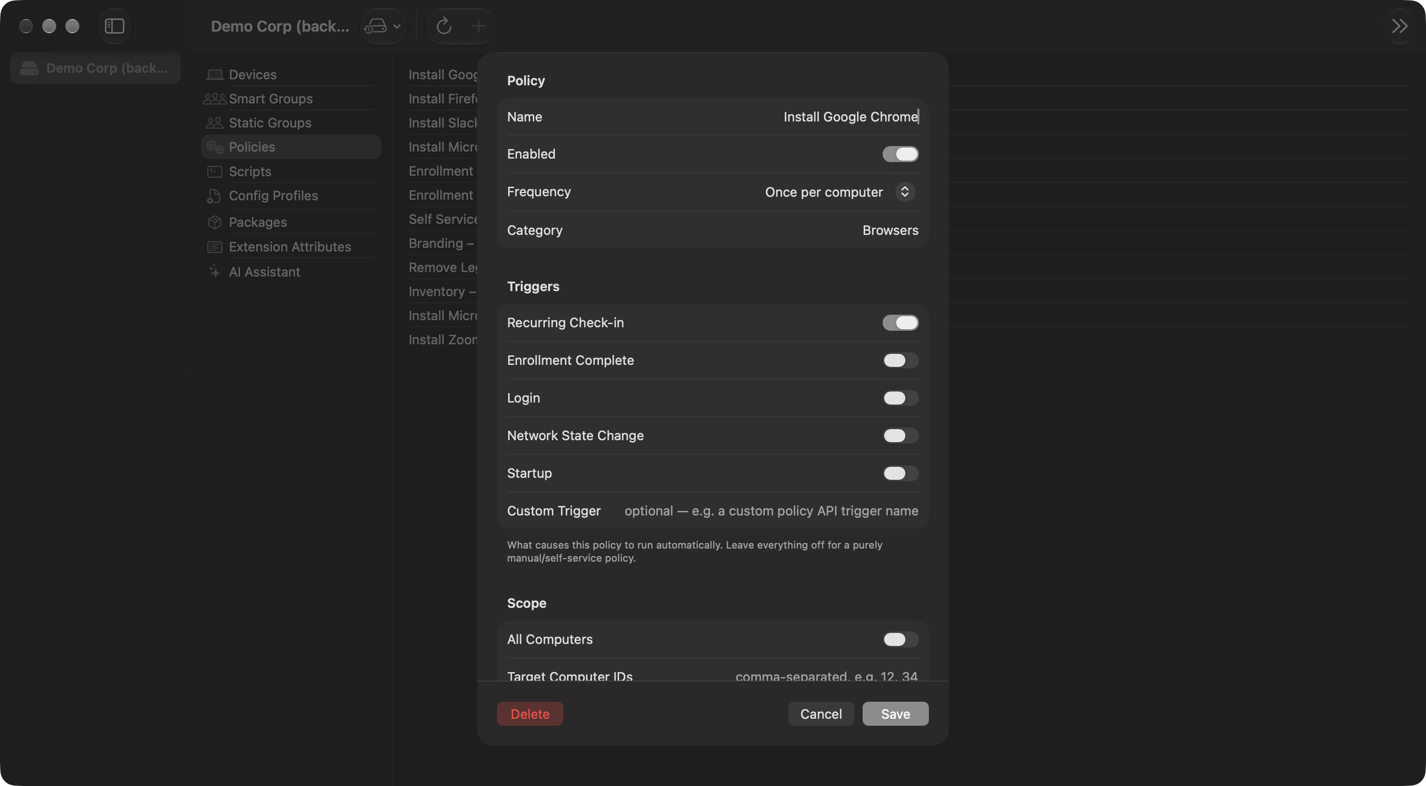 Jarl policy editor showing triggers and scope