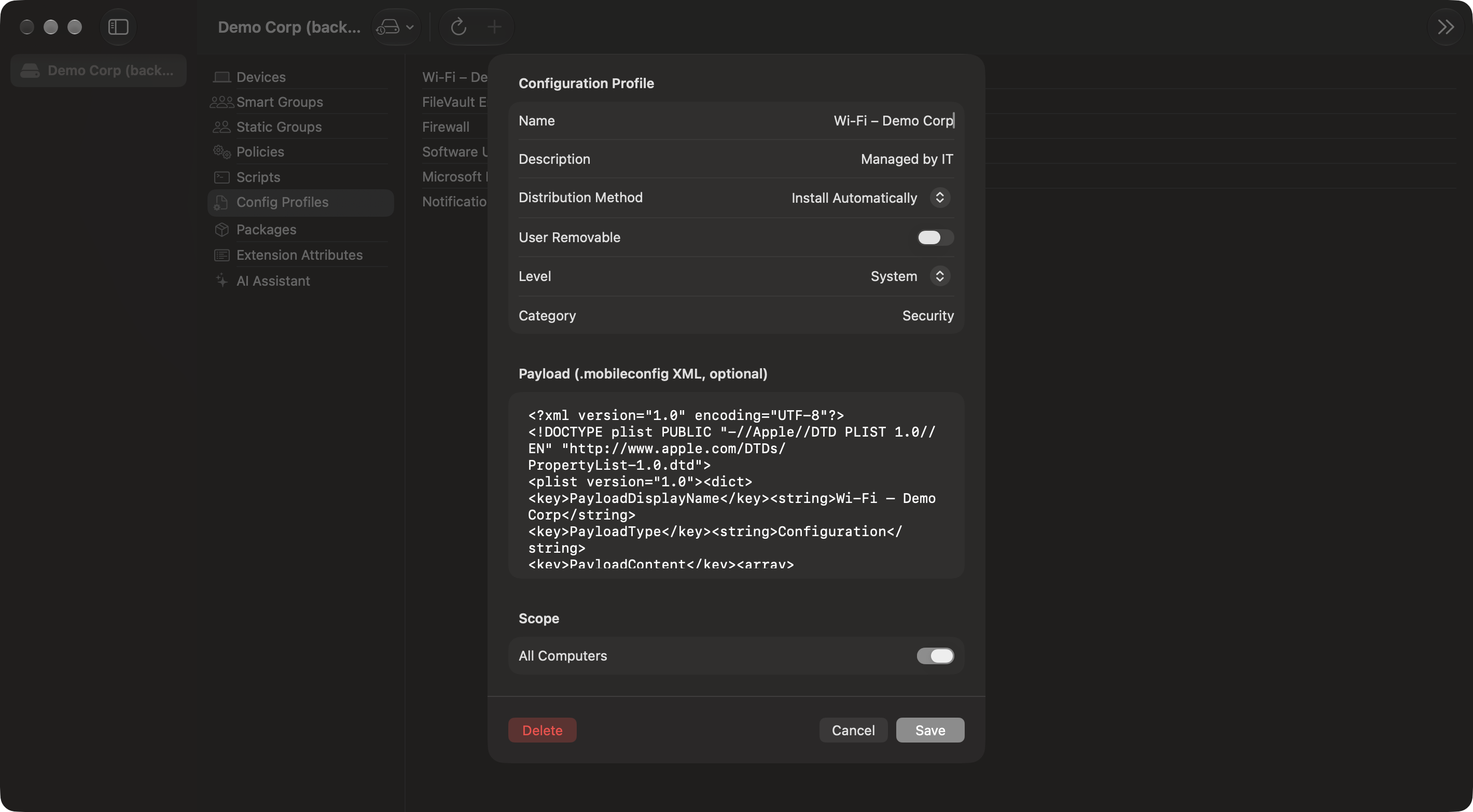 Jarl configuration profile editor with the mobileconfig payload