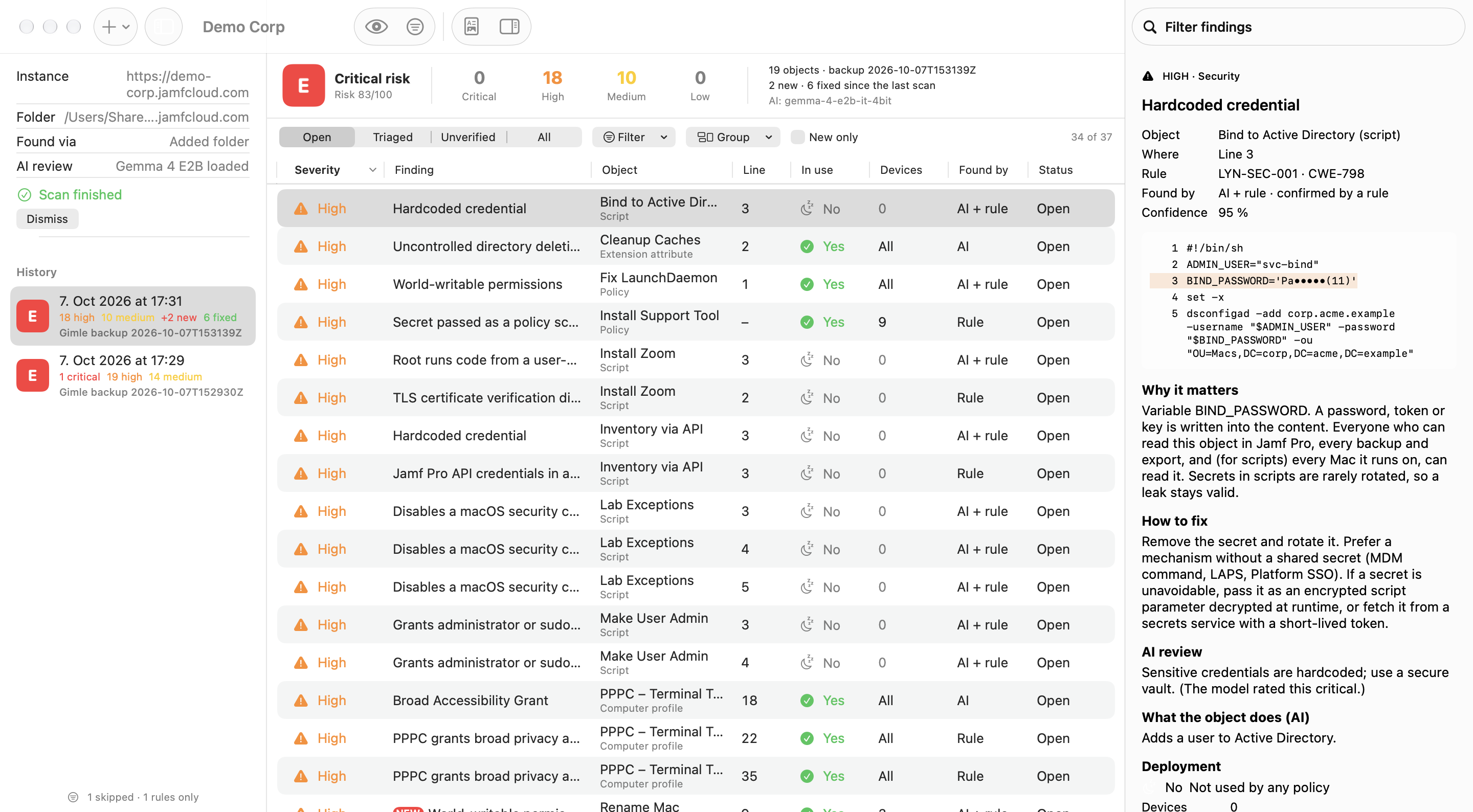 Lynceus showing the findings of a second scan of the demo tenant Demo Corp: risk grade E, 18 high and 10 medium findings, 2 new and 6 fixed since the last scan, and a hardcoded credential with its masked code in the inspector