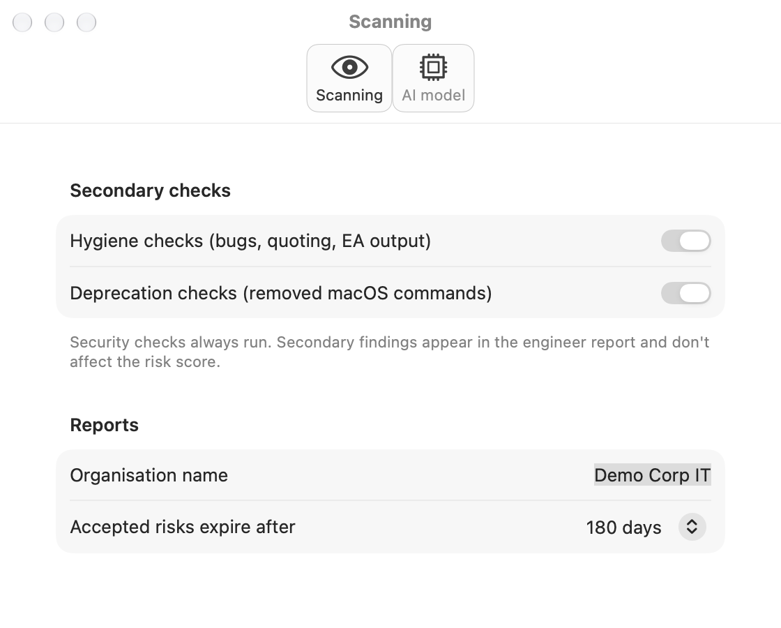 Lynceus Settings, Scanning tab: hygiene and deprecation checks, organisation name for reports, and accepted risk expiry