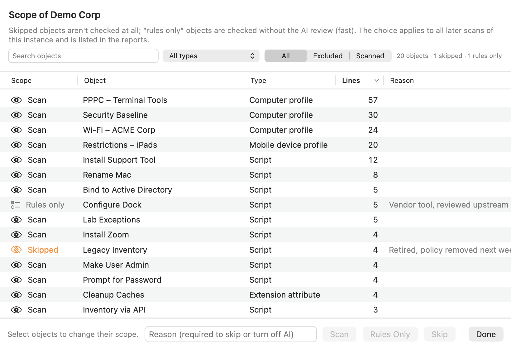 Lynceus scope sheet listing every object with Scan, Rules only or Skipped and a reason