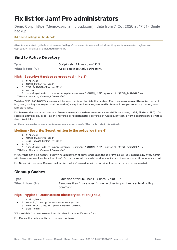 Lynceus engineer fix list PDF showing a hardcoded credential with the masked code line and how to fix it
