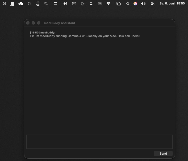 macBuddy AI chat assistant window running Gemma 4 locally
