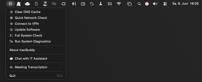 macBuddy menu bar dropdown showing MDM-configured IT actions like Clear DNS Cache, Quick Network Check and Full System Check