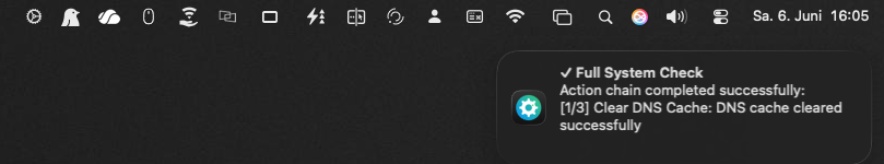 macOS notification showing a completed macBuddy action chain