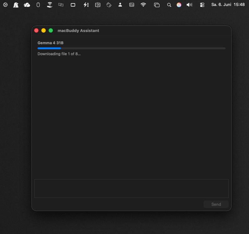 macBuddy first-run screen downloading the Gemma 4 model