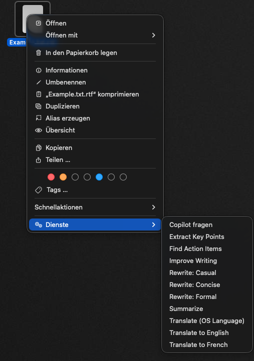 Finder right-click menu showing macBuddy file actions like Summarize, Translate and Rewrite