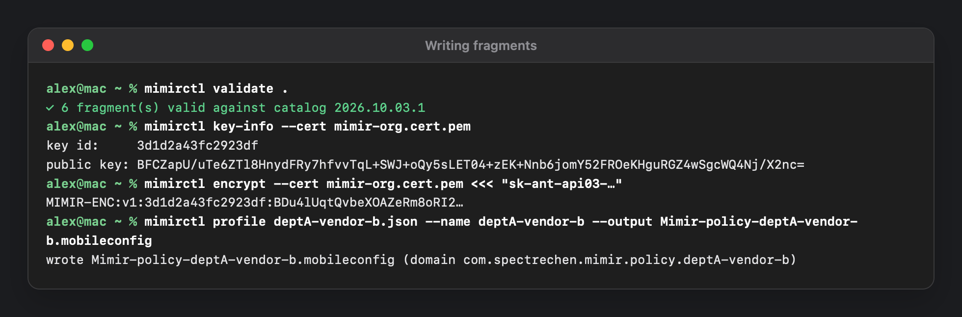 mimirctl validate, key-info, encrypt and profile commands: checking six fragments, encrypting a secret and writing a configuration profile