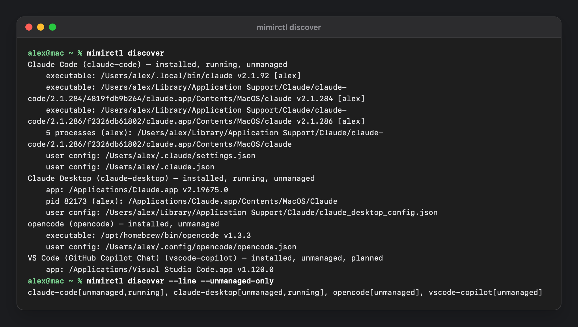 mimirctl discover listing agent tools found on the Mac, whether they are managed, and whether they are running