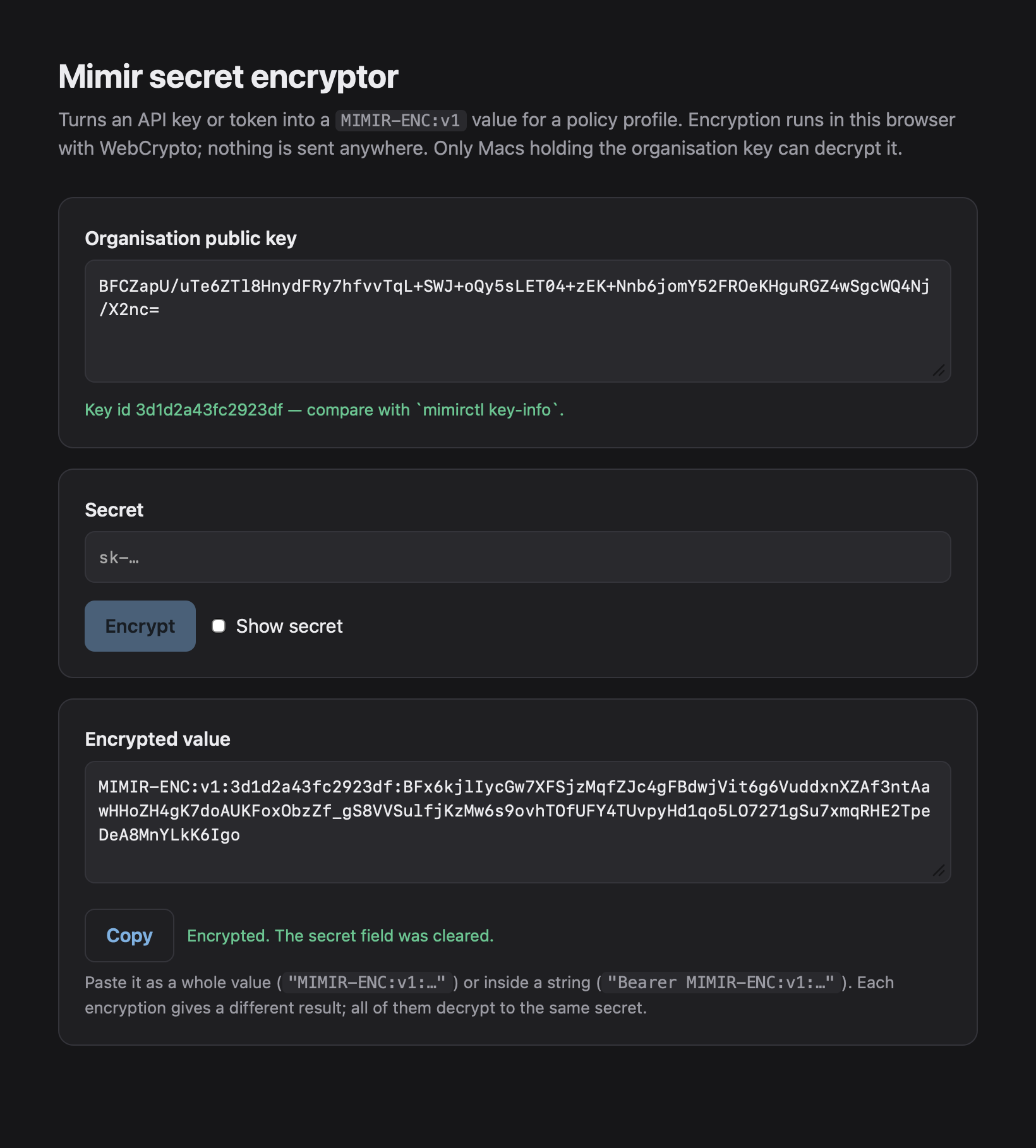 Offline Mimir secret encryptor web page producing a MIMIR-ENC value from an organisation public key