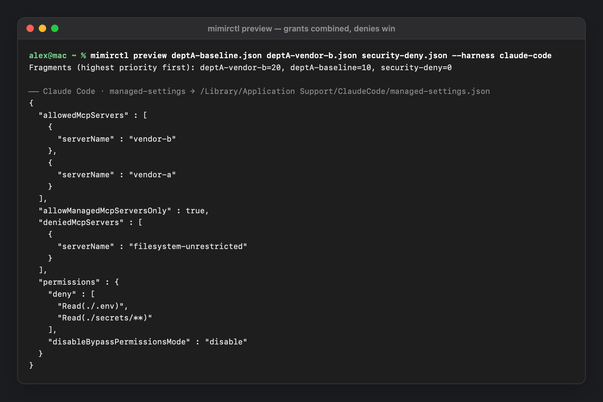 mimirctl preview of the merged Claude Code managed-settings file