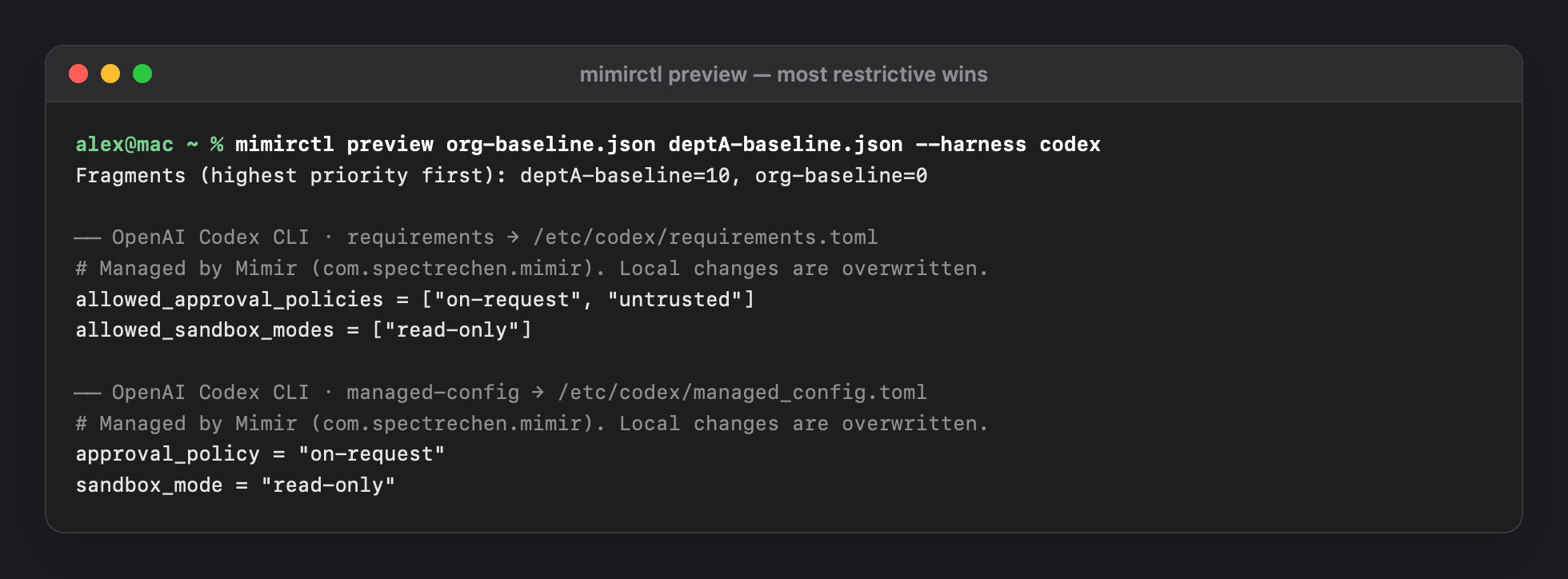 mimirctl preview merging org-baseline and deptA-baseline: Codex's allowed sandbox modes narrow to read-only