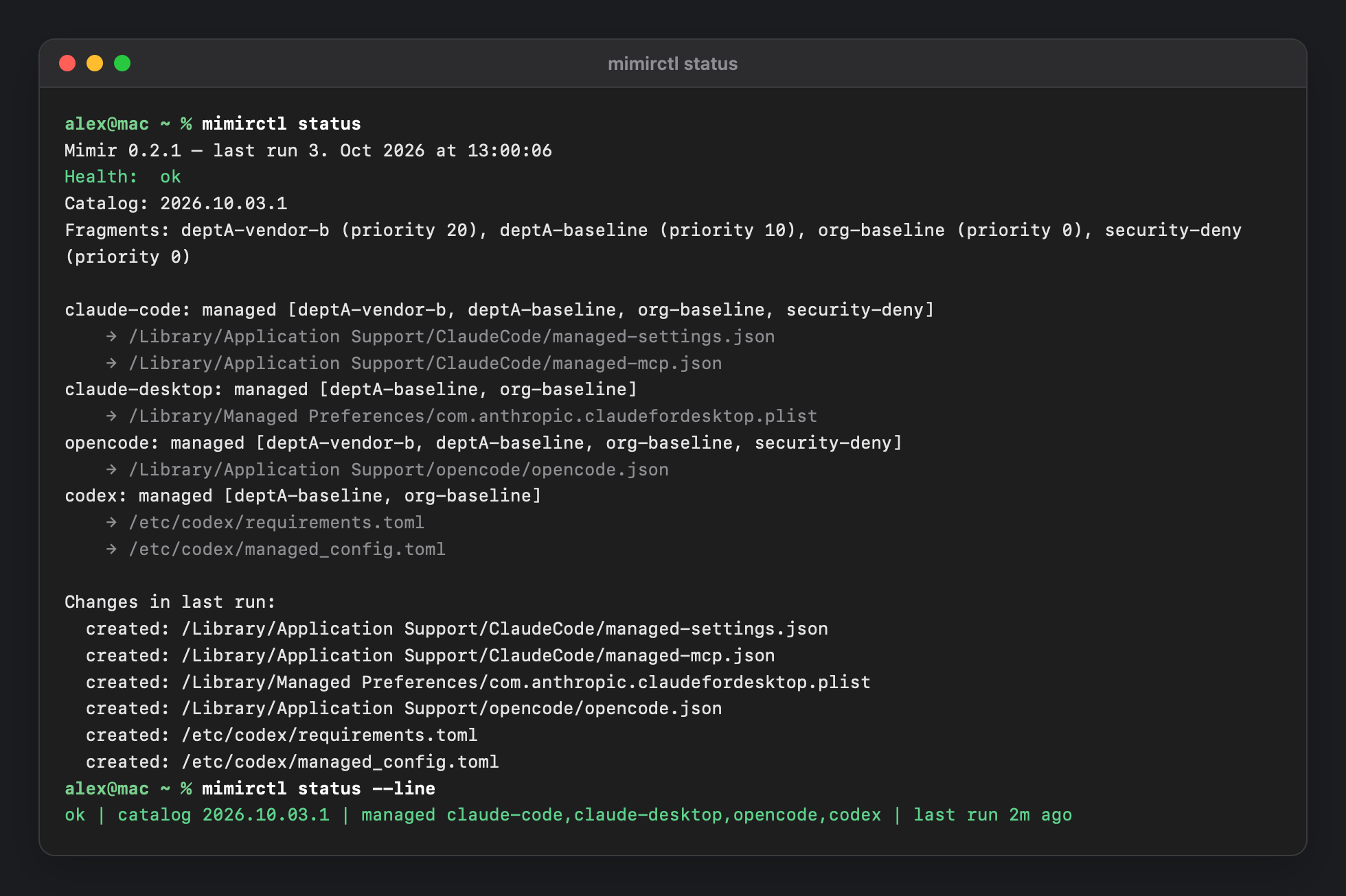 Terminal window running mimirctl status: health ok, catalog 2026.10.03.1, four fragments with their priorities, and the managed harnesses claude-code, claude-desktop, opencode and codex with the files Mimir wrote