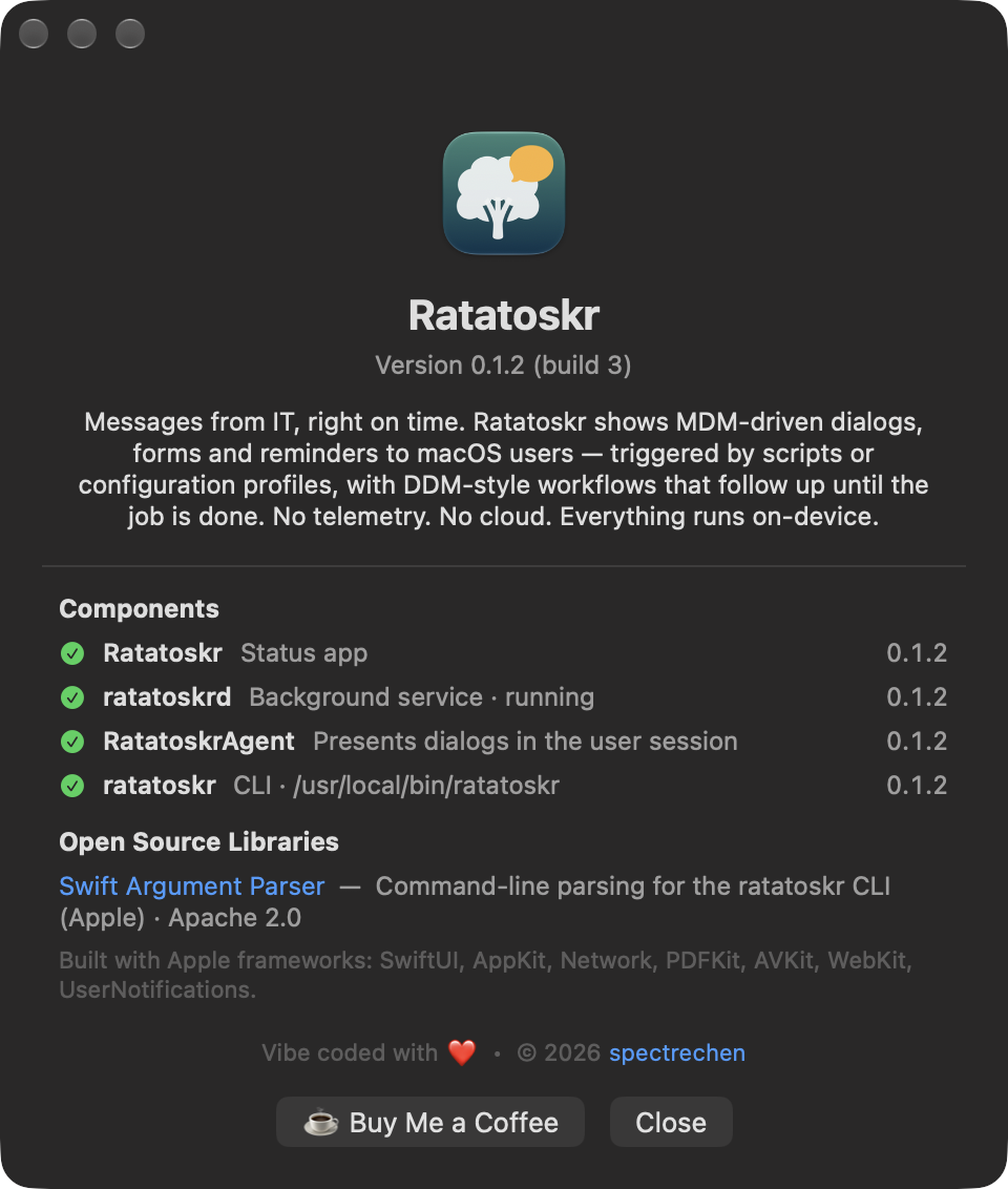 Ratatoskr About window showing version, live component status for the app, daemon, agent and CLI, and open source credits