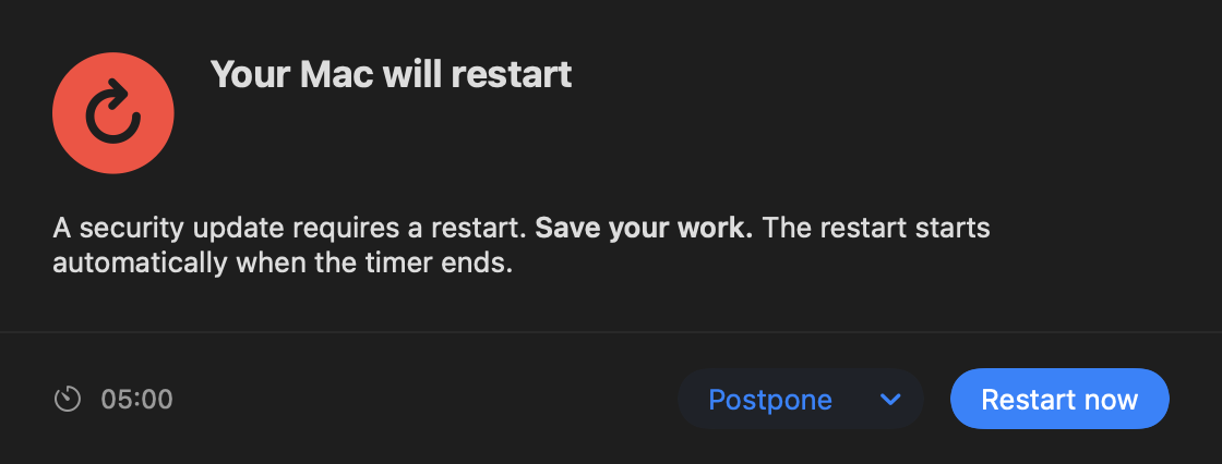 Ratatoskr restart countdown dialog with a 5 minute timer, Postpone and Restart now buttons