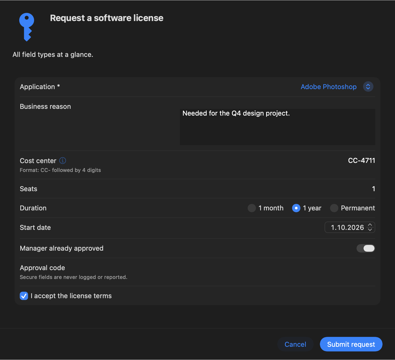 Ratatoskr form showing every field type: dropdown, textarea, text with Info popover, number, radio buttons, date, toggle, secure field, and checkbox