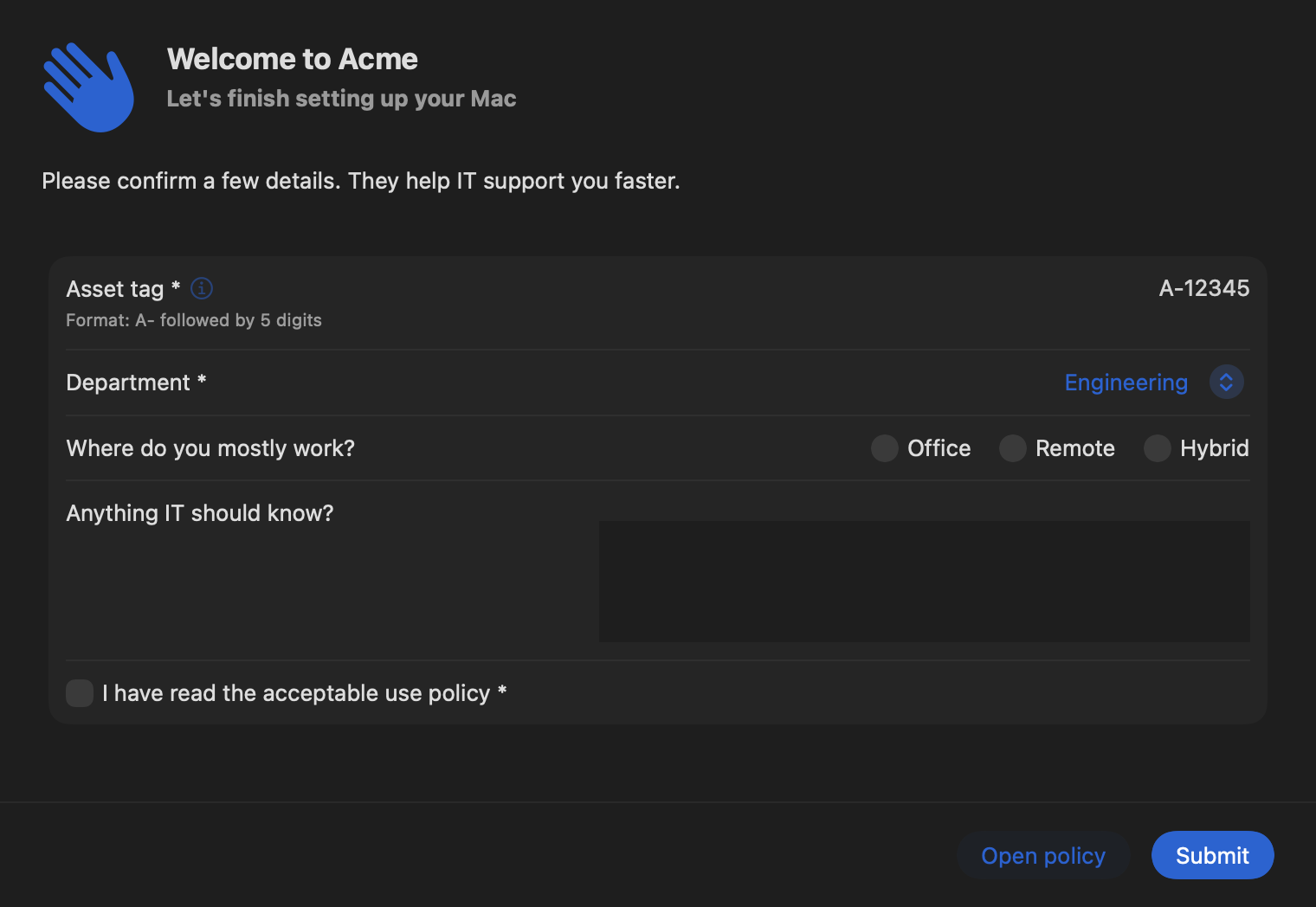Ratatoskr onboarding form with asset tag, department, work location and acceptable-use checkbox fields