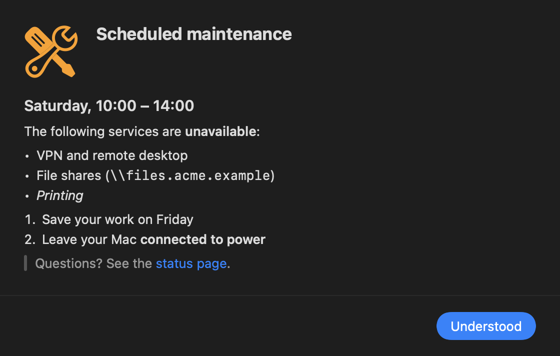 Ratatoskr Markdown dialog listing unavailable services with bullet points, numbered steps, and a link, for a scheduled maintenance window