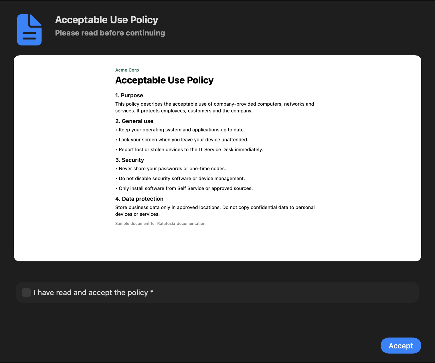 Ratatoskr dialog embedding a PDF acceptable use policy with an acceptance checkbox and Accept button